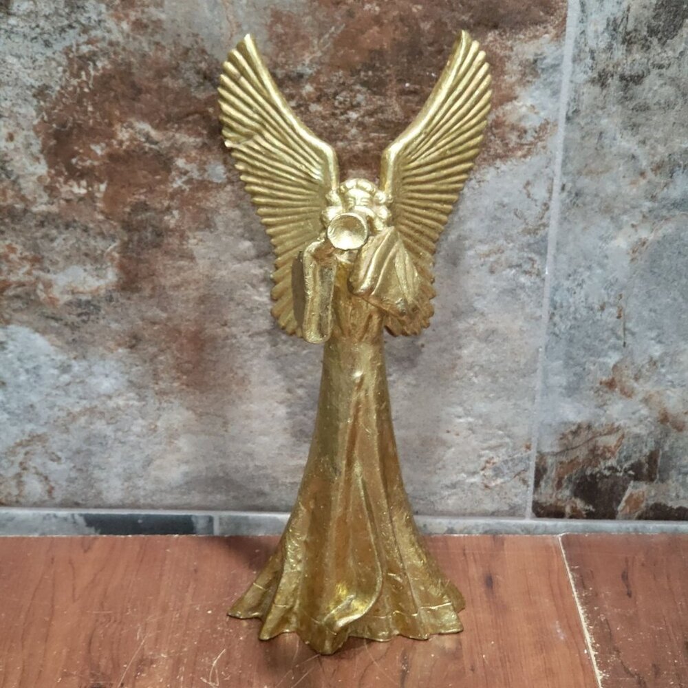 Vintage Gilded Gold Angel Trumpet Horn Statue 13 In Tall Christmas Holiday Decor